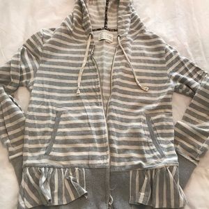 Grey striped hooded sweatshirt from Anthropologie. Brand is Saturday Sunday
